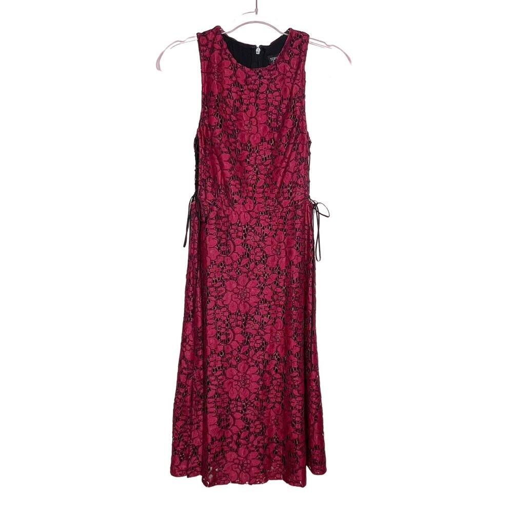 TOPSHOP Floral Side Lace Up Midi Dress Sleeveless Lace Overlay Lined Red Size 4